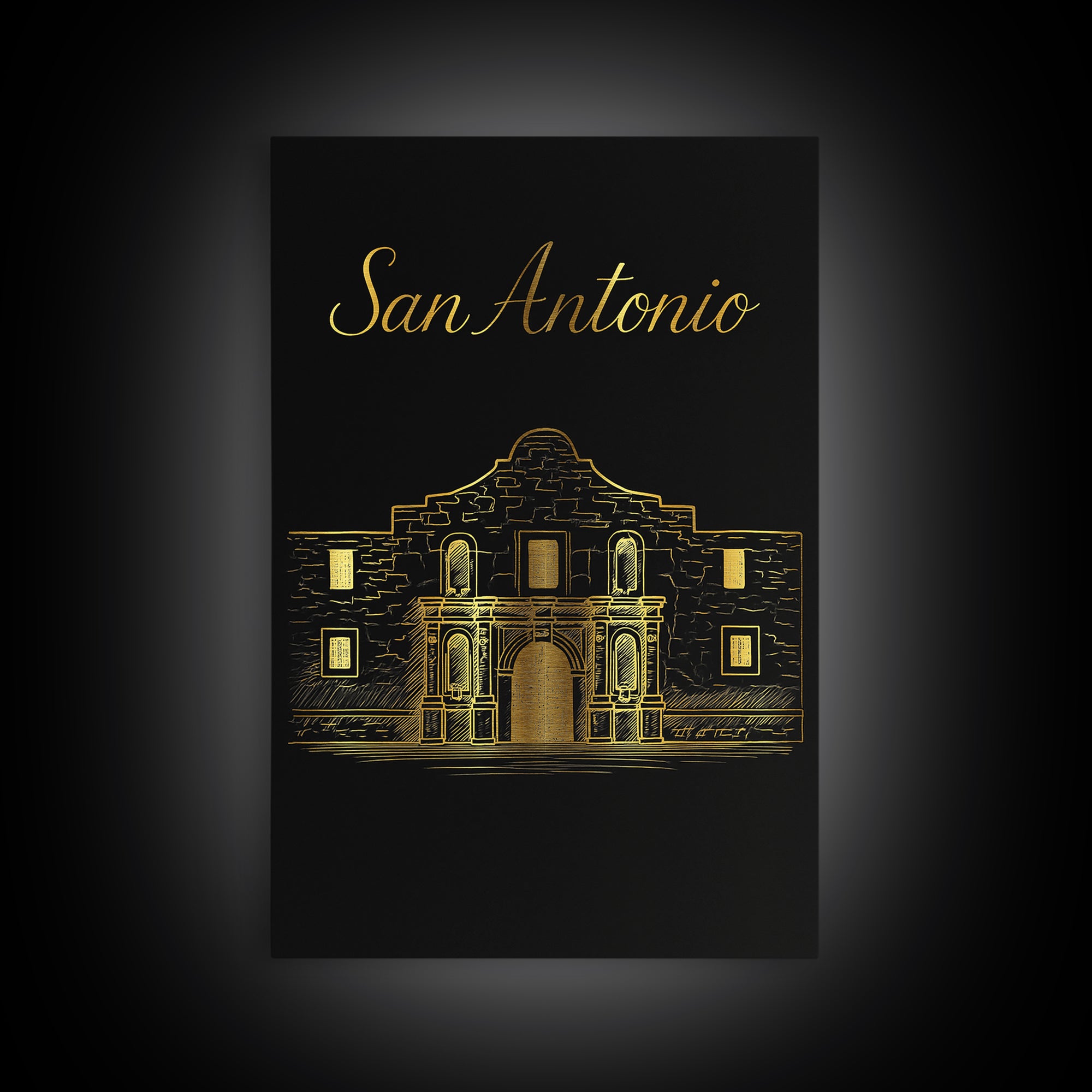 San Antonio Texas Travel Poster, Framed Canvas Print, Black Gold Minimalist Art, San Antonio City Art, City Travel Prints, City Illustration
