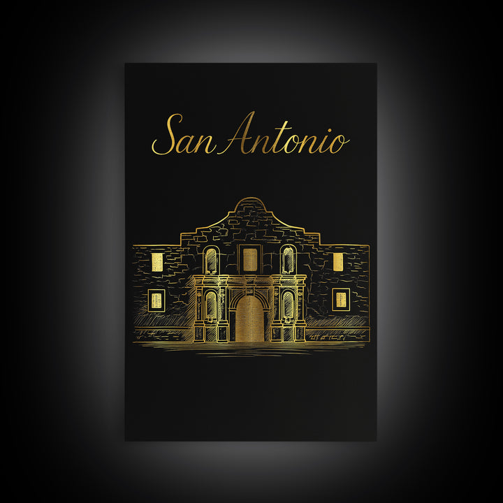 San Antonio Texas Travel Poster, Framed Canvas Print, Black Gold Minimalist Art, San Antonio City Art, City Travel Prints, City Illustration