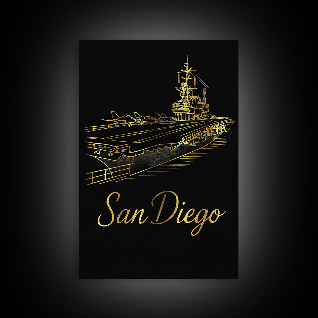 San Diego Travel Poster, Canvas Print, Gold Outline Poster Art, San Diego Travel Art, Travel Poster Art, Travel Wall Art, Home Office Decor