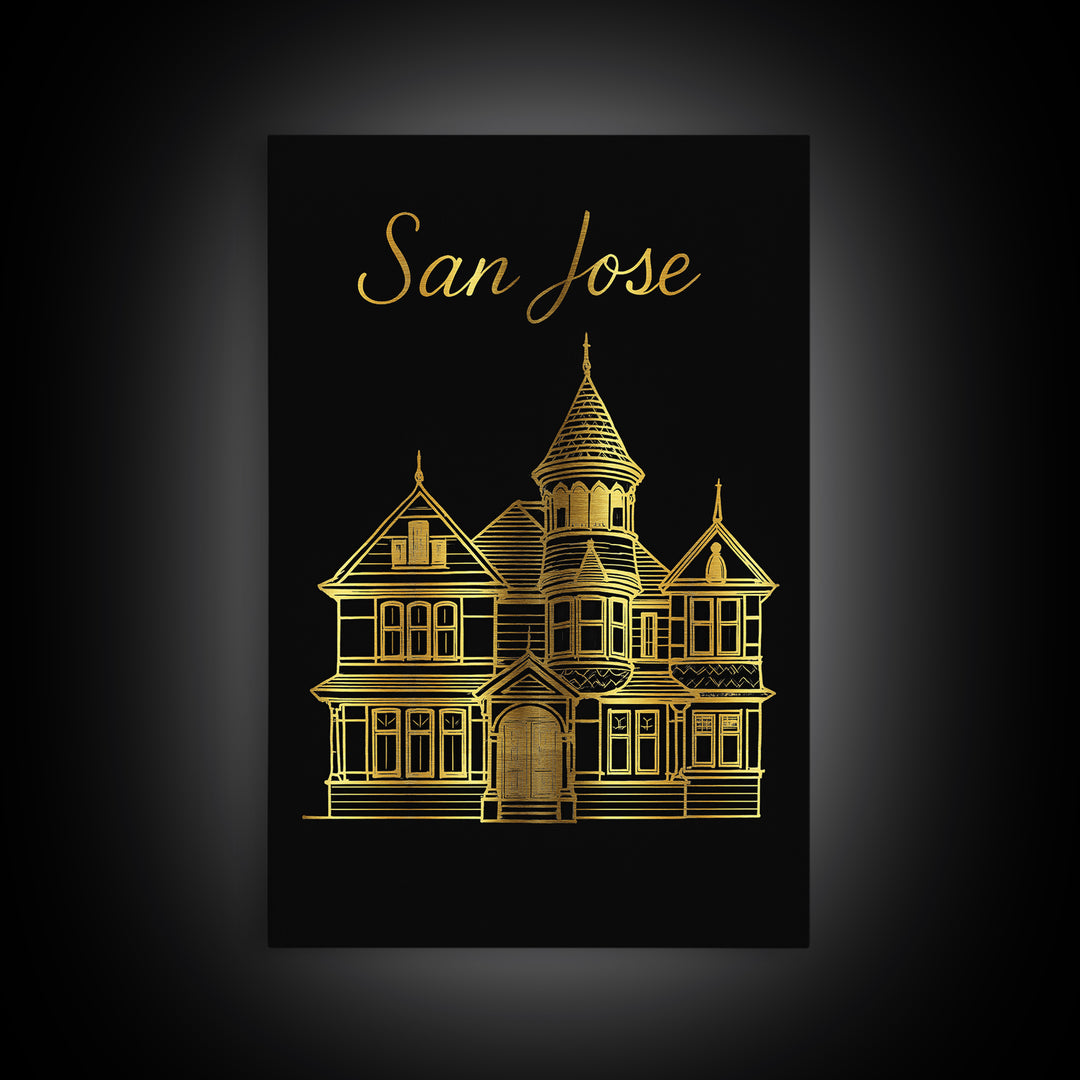 San Jose California Travel Poster, Canvas Print, Black Gold Minimalist Art, San Jose Print, Travel Art Print, Wanderlust Decor, Wall Art