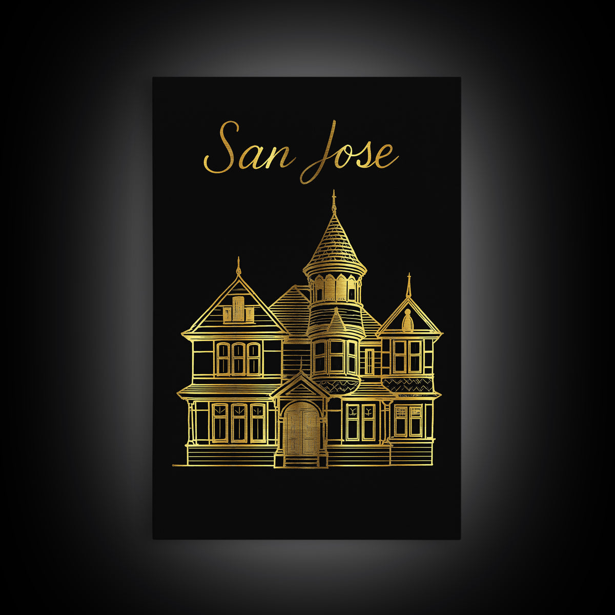 San Jose California Travel Poster, Canvas Print, Black Gold Minimalist Art, San Jose Print, Travel Art Print, Wanderlust Decor, Wall Art