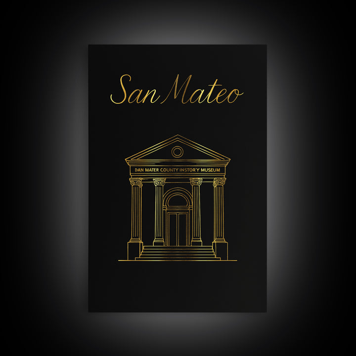 San Mateo Travel Poster, Canvas Print, Gold Outline Poster Art, San Mateo Travel Art, Travel Poster Art, Vintage City Art, Travel Prints