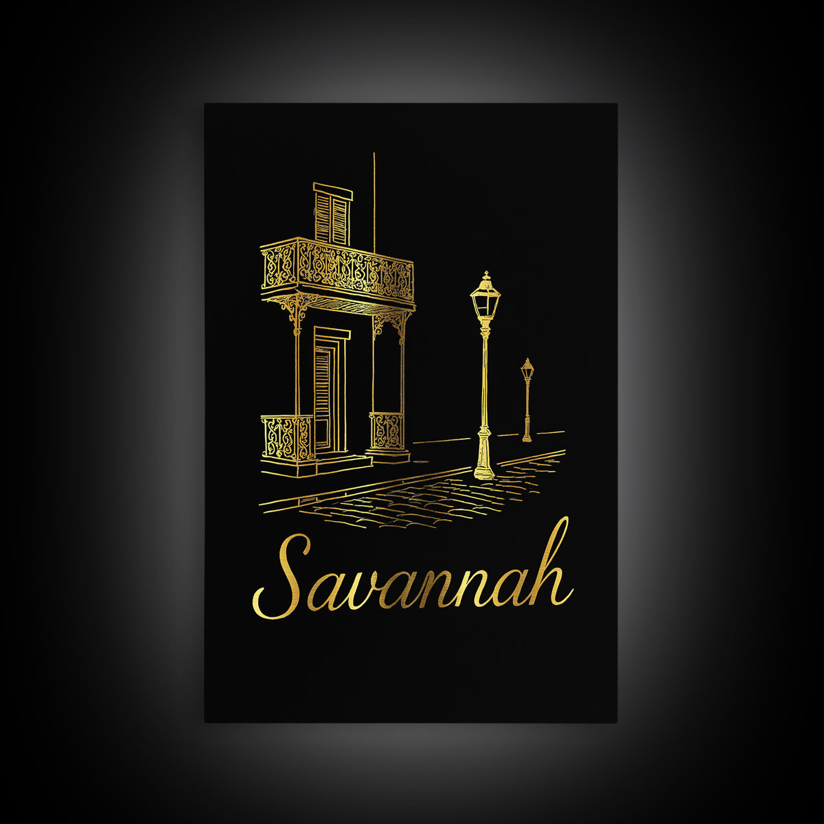 Savannah Travel Poster, Framed Canvas Print, Minimalist Gold Line Art, Savannah Travel Art, Mid Century Wall Art, Living Room Wall Art