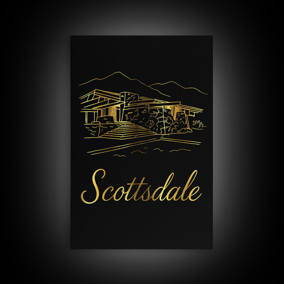 Scottsdale Arizona Travel Poster, Canvas Print, Black Gold Minimalist Art, Scottsdale Art Print, Mid Century Wall Art, Wanderlust Decor