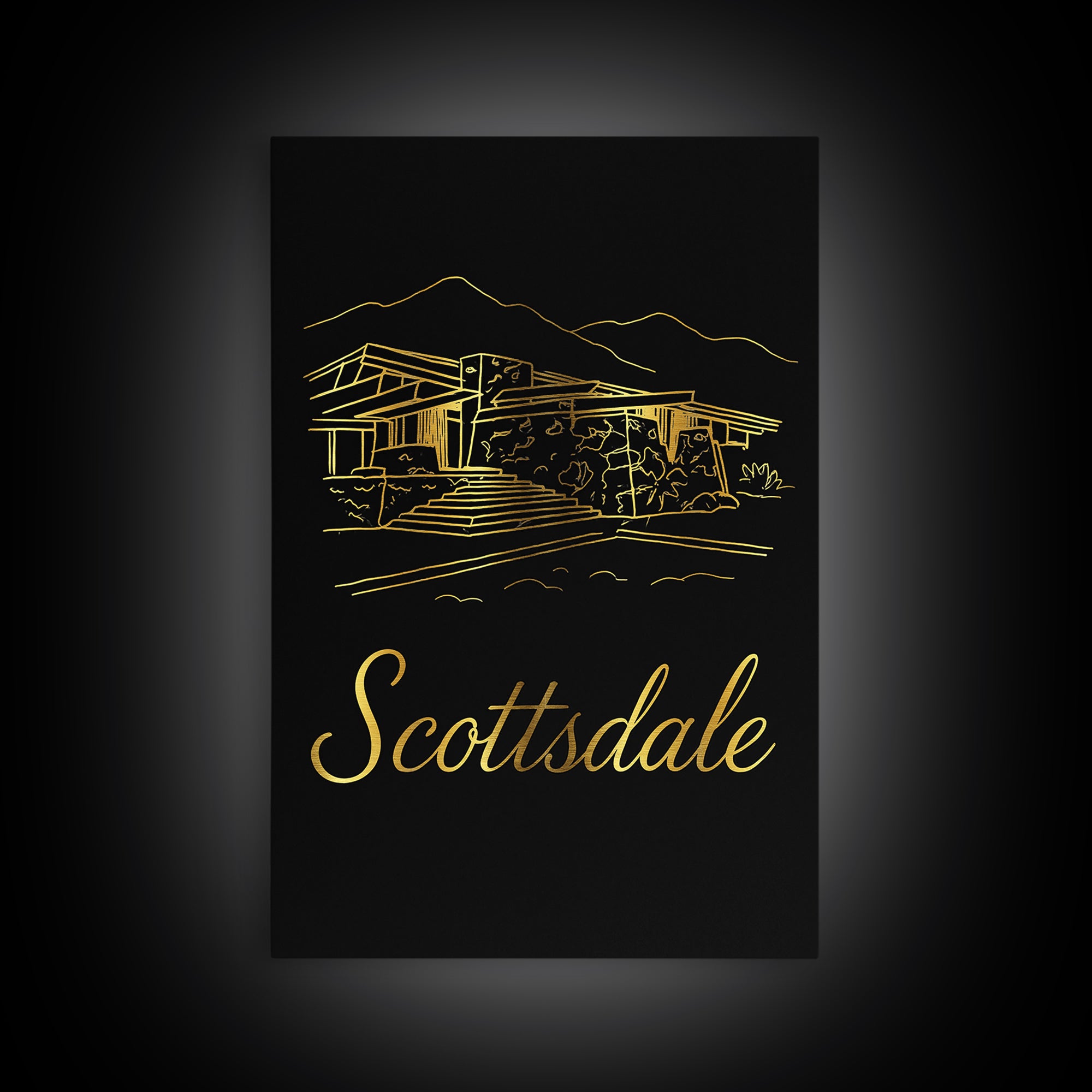 Scottsdale Arizona Travel Poster, Canvas Print, Black Gold Minimalist Art, Scottsdale Art Print, Mid Century Wall Art, Wanderlust Decor