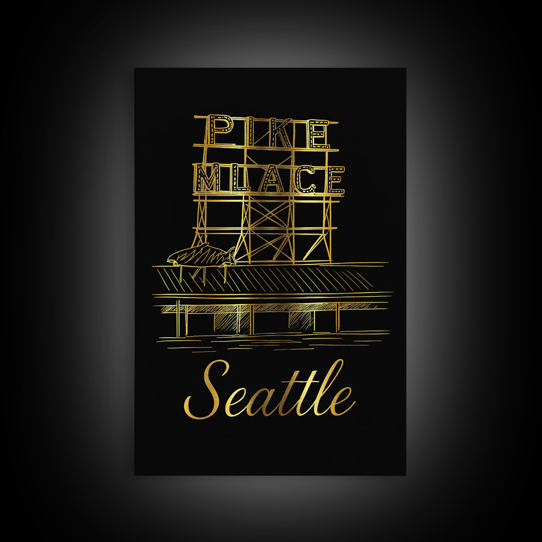Seattle Travel Poster, Canvas Print, Gold Outline Poster Art, Seattle Art Print, Travel Poster Art, Mid Century Wall Art, Wanderlust Decor