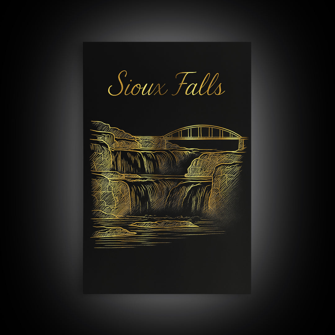 Sioux Falls South Dakota Travel Poster, Canvas Print, Black Gold Minimalist Art, Sioux Falls Travel Art, Home Office Decor, City Art Print