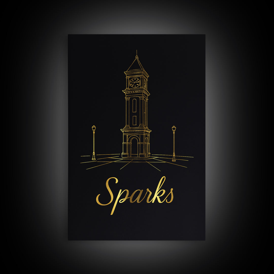 Sparks Nevada Travel Poster, Canvas Print, Gold Outline Poster Art, Sparks Wall Art, Wanderlust Decor, Travel Wall Decor, Retro Travel Print