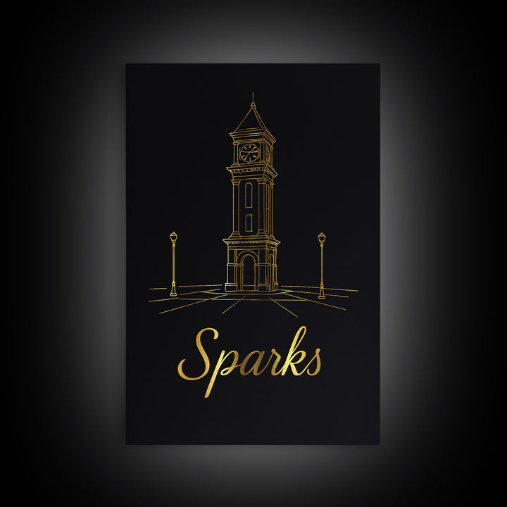 Sparks Nevada Travel Poster, Canvas Print, Gold Outline Poster Art, Sparks Wall Art, Wanderlust Decor, Travel Wall Decor, Retro Travel Print