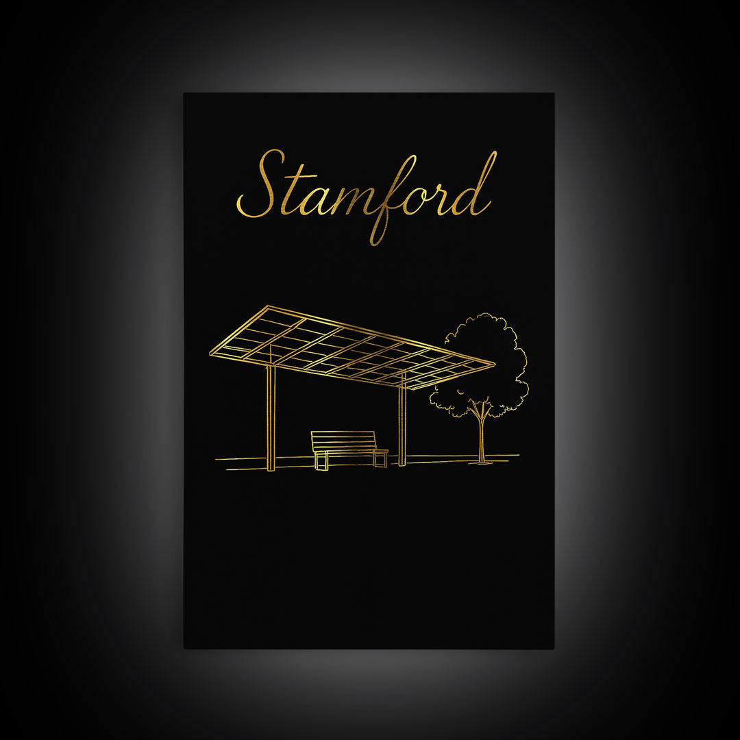 Stamford Travel Poster, Canvas Print, Gold Outline Poster Art, Stamford Wall Art, Retro Travel Print, Travel Poster Set, Travel Art Print