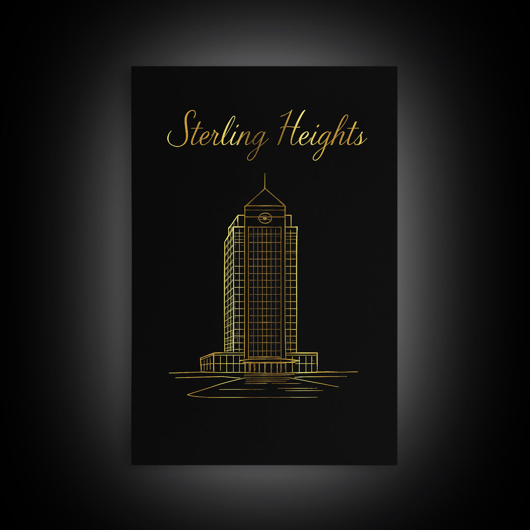 Sterling Heights Michigan Travel Poster, Canvas Print, Gold Outline Poster Art, Sterling Heights Art Print, Travel Wall Art