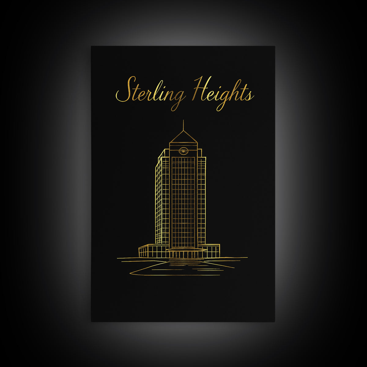 Sterling Heights Michigan Travel Poster, Canvas Print, Gold Outline Poster Art, Sterling Heights Art Print, Travel Wall Art