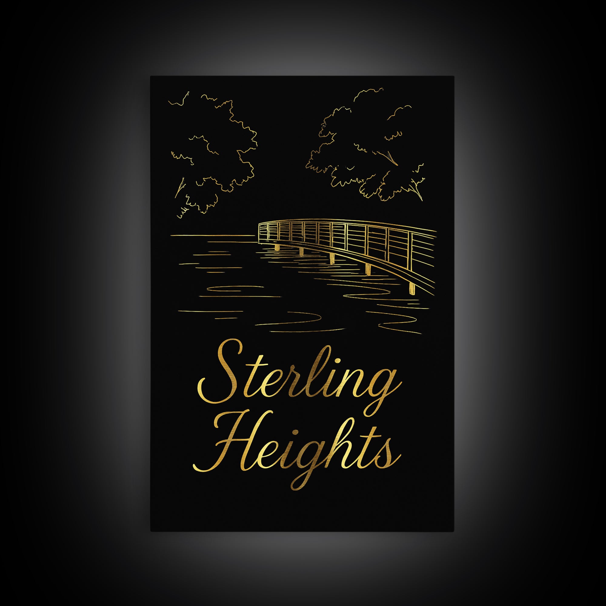 Sterling Heights Travel Poster, Framed Canvas Print, Dark Minimalist Wall Art, Sterling Heights Art Print, Travel Wall Art, Landscape Art