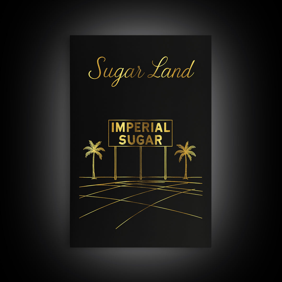 Sugar Land Texas Travel Poster, Canvas Print, Minimalist Gold Line Art, Sugar Land Art Print, Wanderlust Decor, Mid Century Wall Art