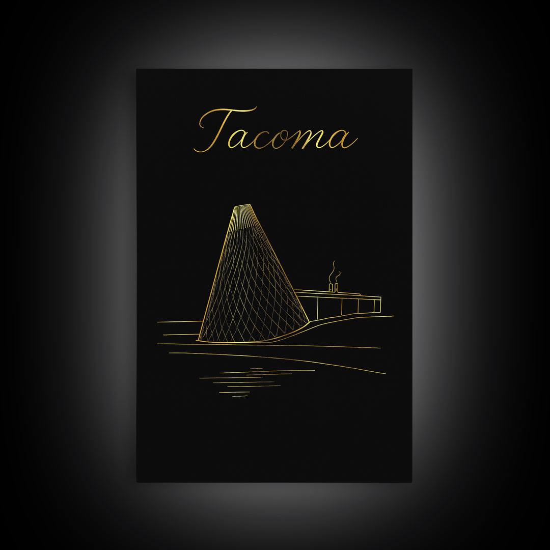 Tacoma Travel Poster, Framed Canvas Print, Minimalist Gold Line Art, Tacoma City Art, Home Office Decor, City Travel Prints, Poster Print