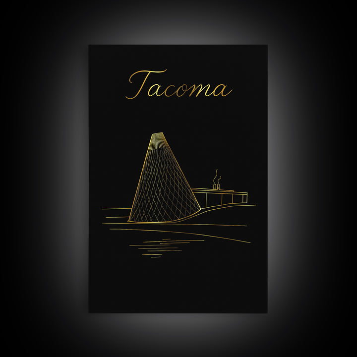 Tacoma Travel Poster, Framed Canvas Print, Minimalist Gold Line Art, Tacoma City Art, Home Office Decor, City Travel Prints, Poster Print