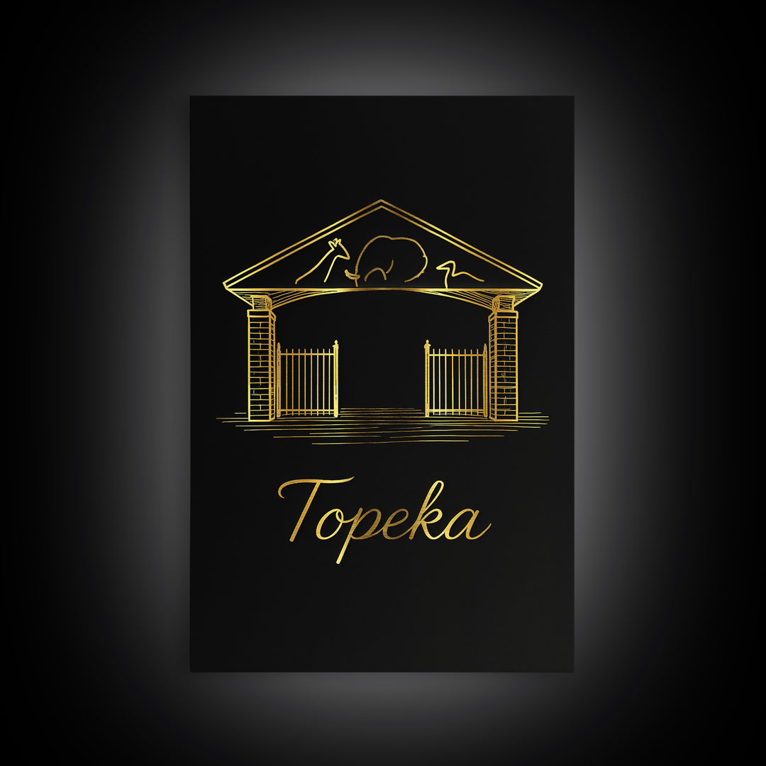 Topeka Travel Poster, Framed Canvas Print, Black Gold Minimalist Art, Topeka Art Print, City Illustration, Modern Wall Decor, Poster Art