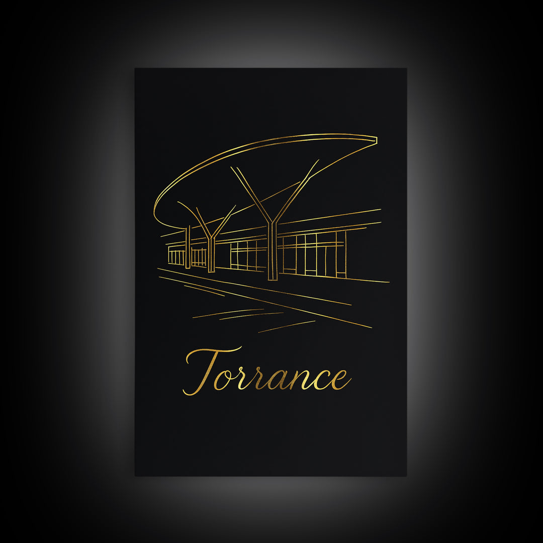 Torrance California Travel Poster, Canvas Print, Minimalist Gold Line Art, Torrance Wall Art, Poster Art, City Travel Prints, Travel Art