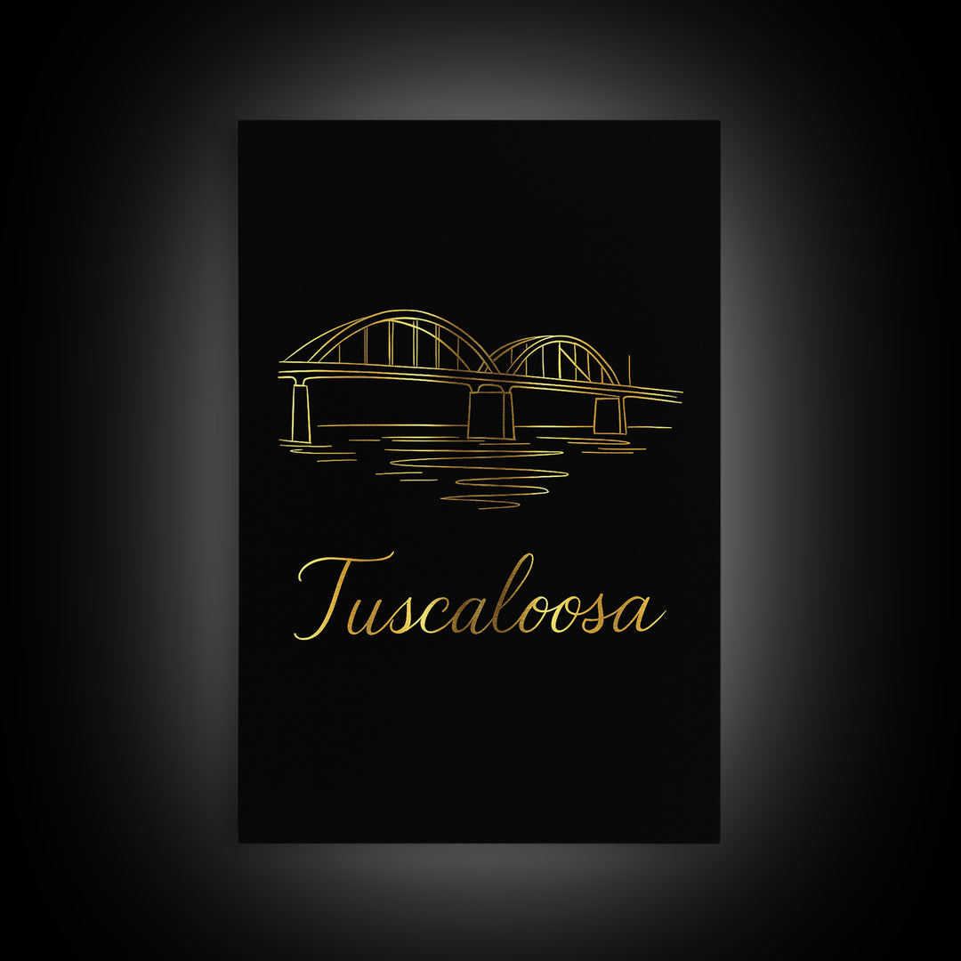 Tuscaloosa Alabama Travel Poster, Framed Canvas Print, Gold Outline Poster Art, Tuscaloosa Travel Art, City Art Print, Travel Wall Art