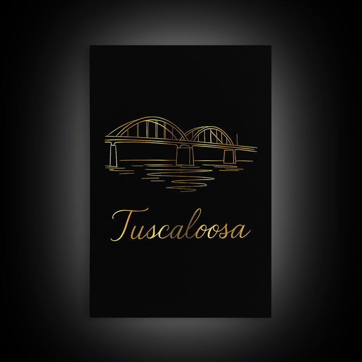 Tuscaloosa Alabama Travel Poster, Framed Canvas Print, Gold Outline Poster Art, Tuscaloosa Travel Art, City Art Print, Travel Wall Art