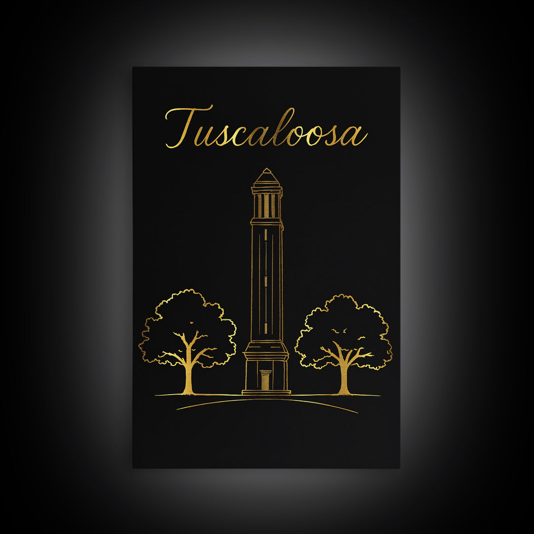 Tuscaloosa Travel Poster, Canvas Print, Black Gold Minimalist Art, Tuscaloosa Art Print, City Travel Prints, Wanderlust Decor, Wall Art