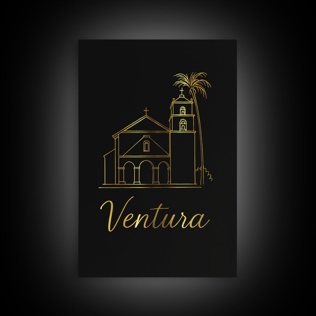 Ventura California Travel Poster, Canvas Print, Minimalist Gold Line Art, Ventura Travel Art, City Travel Prints, Wall Art, Poster Art