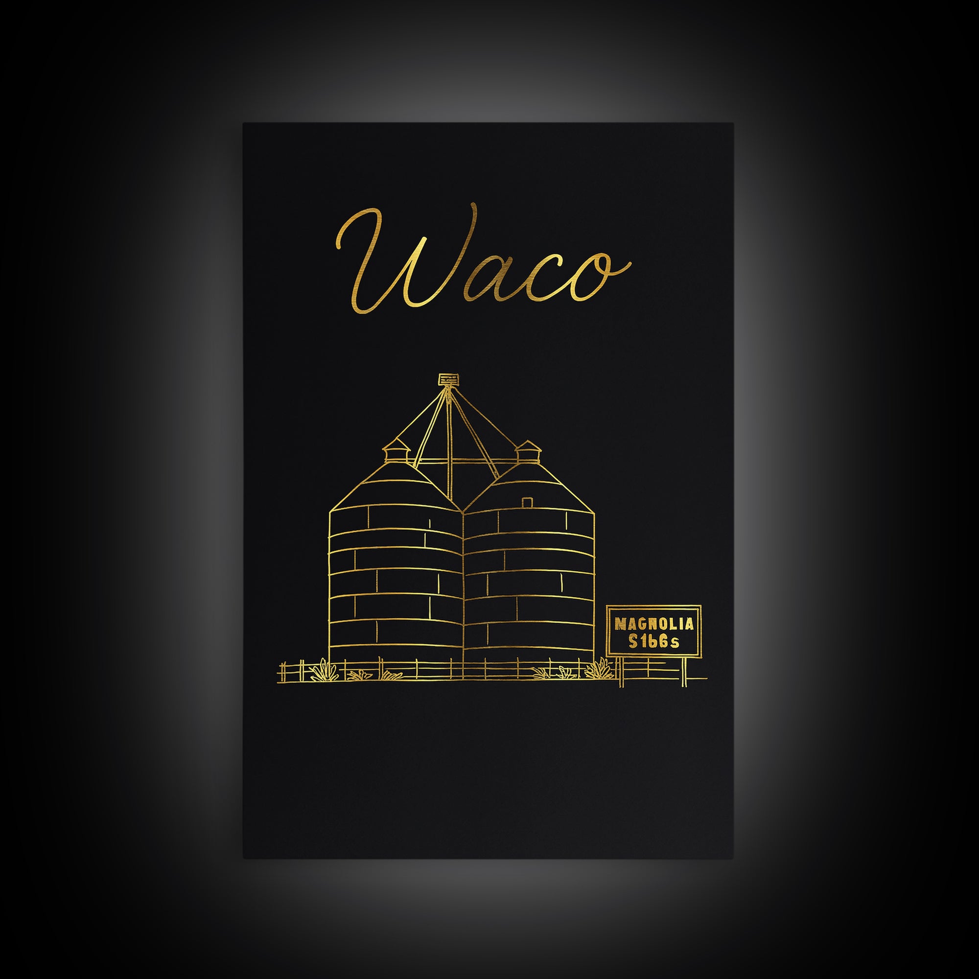 Waco Texas Travel Poster, Canvas Print, Black Gold Minimalist Art, Waco City Art, Wanderlust Decor, Home Office Decor, Retro Travel Print