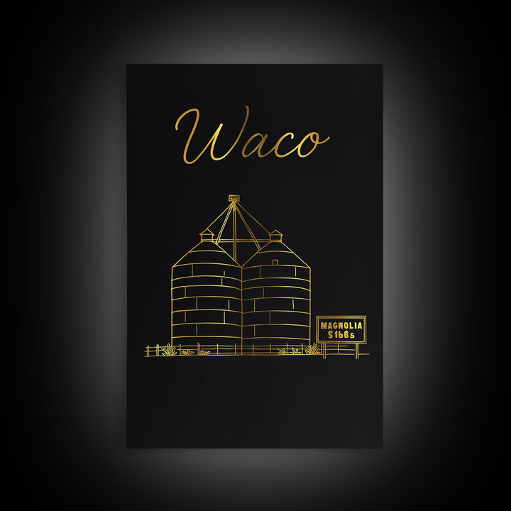 Waco Texas Travel Poster, Canvas Print, Black Gold Minimalist Art, Waco City Art, Wanderlust Decor, Home Office Decor, Retro Travel Print