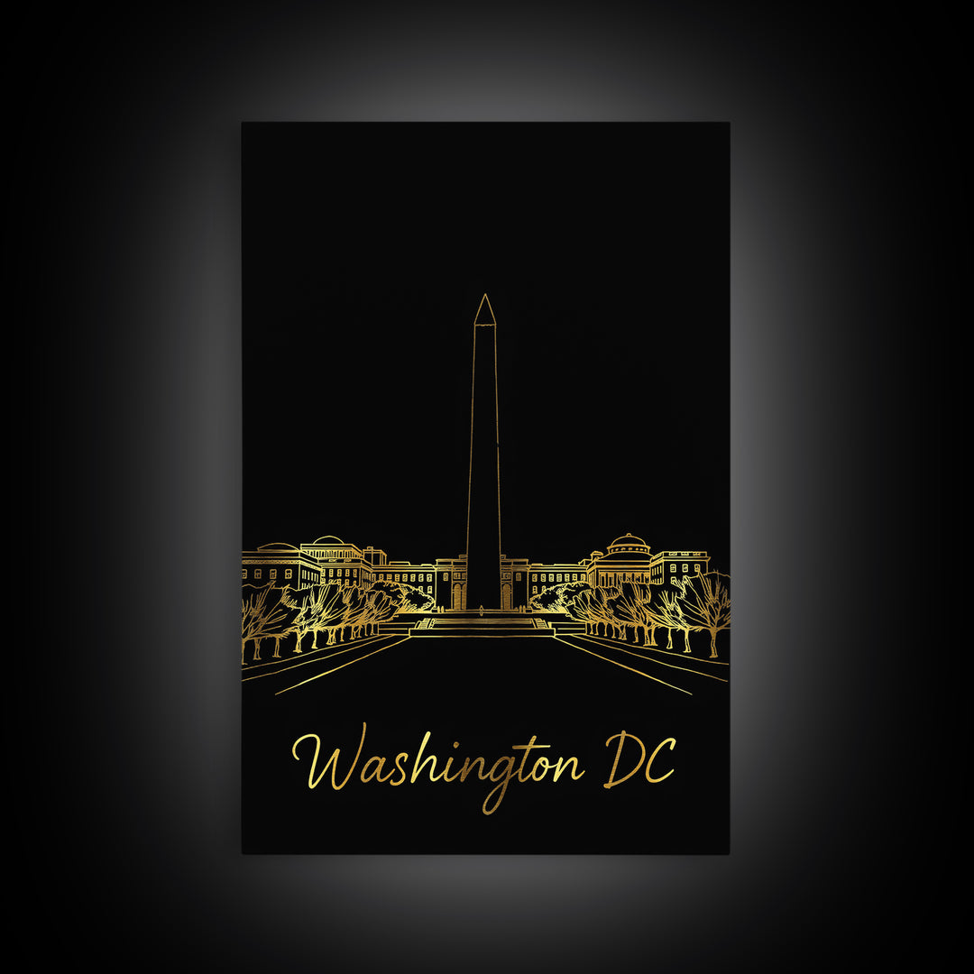 Washington DC Travel Poster, Framed Canvas Print, Minimalist Gold Line Art, Washington DC Wall Art, Travel Art Print, Mid Century Wall Art