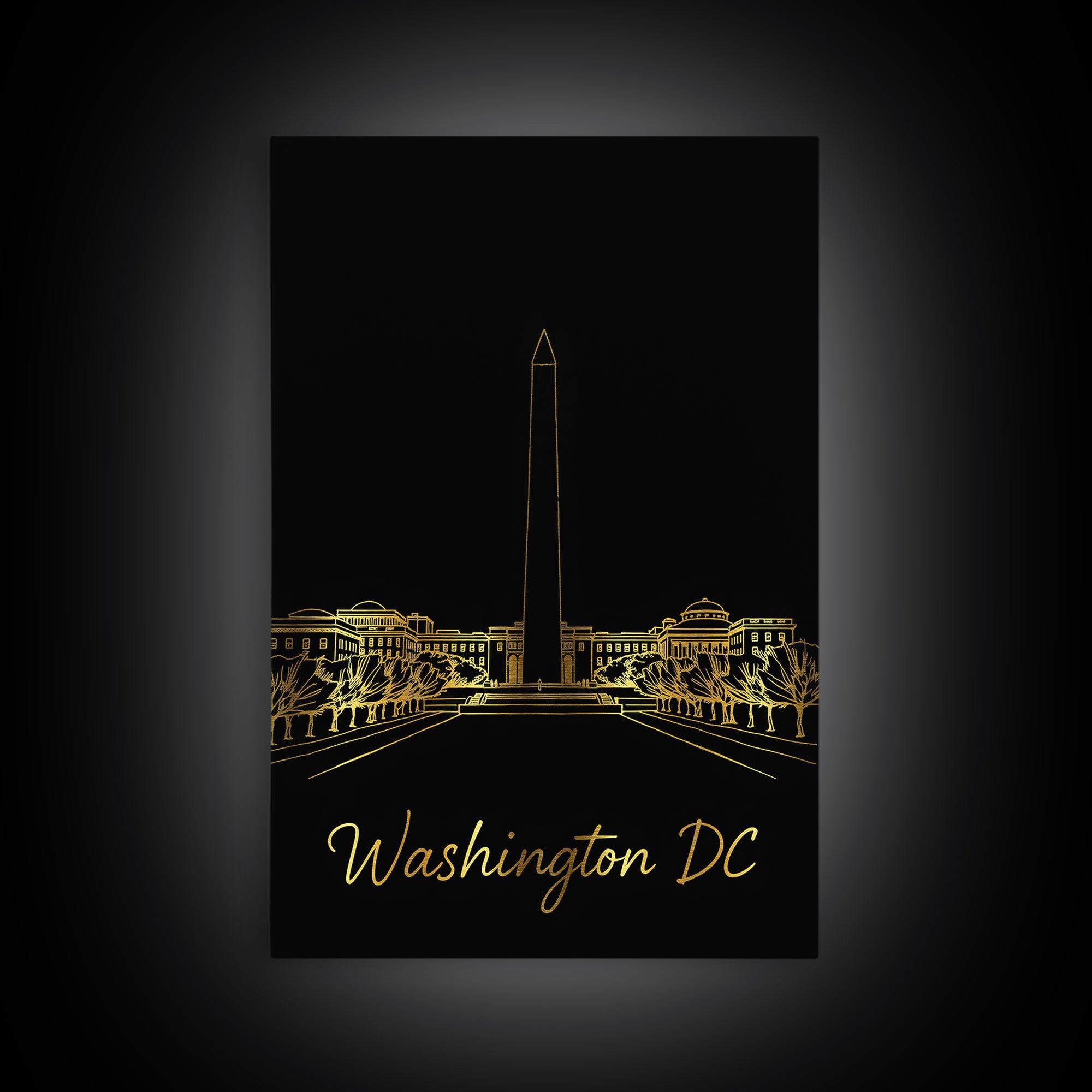 Washington DC Travel Poster, Framed Canvas Print, Minimalist Gold Line Art, Washington DC Wall Art, Travel Art Print, Mid Century Wall Art