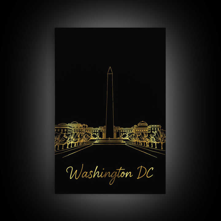 Washington DC Travel Poster, Framed Canvas Print, Minimalist Gold Line Art, Washington DC Wall Art, Travel Art Print, Mid Century Wall Art