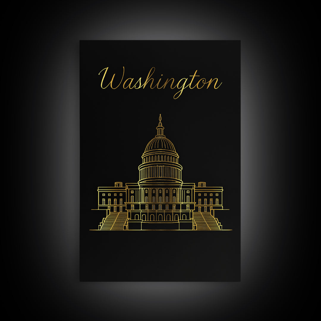 Washington DC Travel Poster, Framed Canvas Print, Minimalist Gold Line Art, Washington DC City Art, City Travel Prints, Home Office Decor
