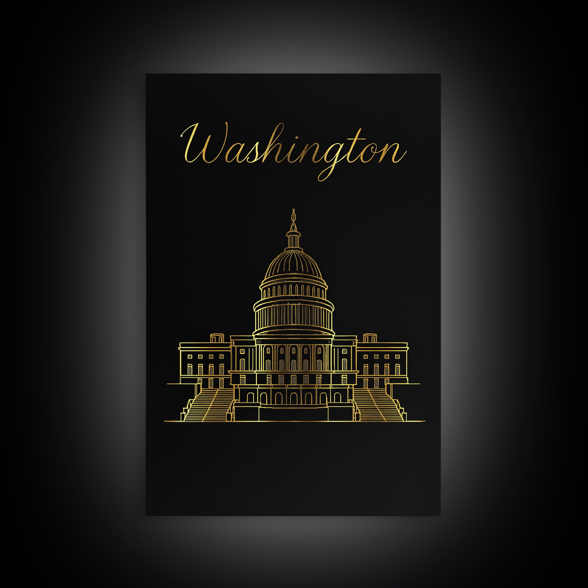 Washington DC Travel Poster, Framed Canvas Print, Minimalist Gold Line Art, Washington DC City Art, City Travel Prints, Home Office Decor