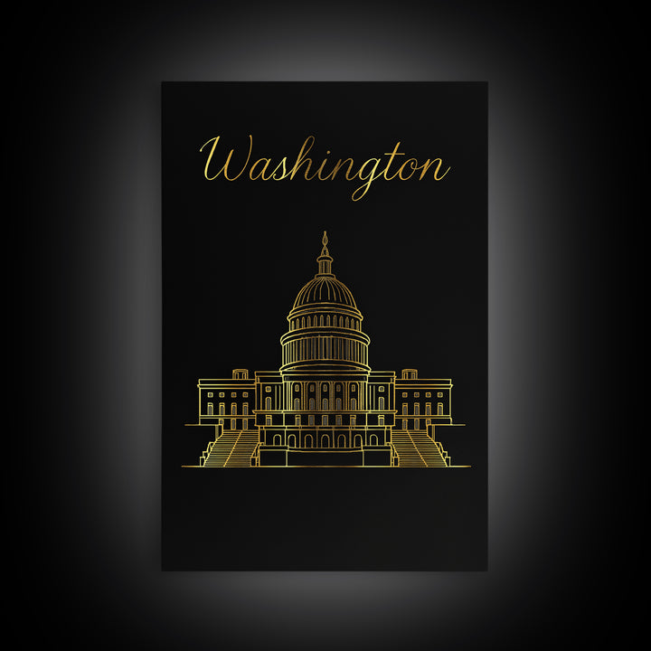 Washington DC Travel Poster, Framed Canvas Print, Minimalist Gold Line Art, Washington DC City Art, City Travel Prints, Home Office Decor
