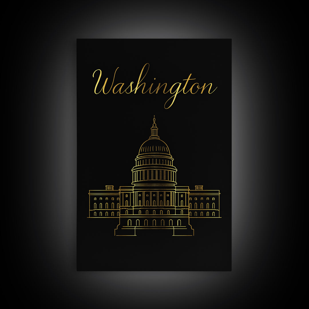 Washington DC Travel Poster, Framed Canvas Print, Black Gold Minimalist Art, Washington DC Wall Art, Gift For Travelers, Retro Travel Print