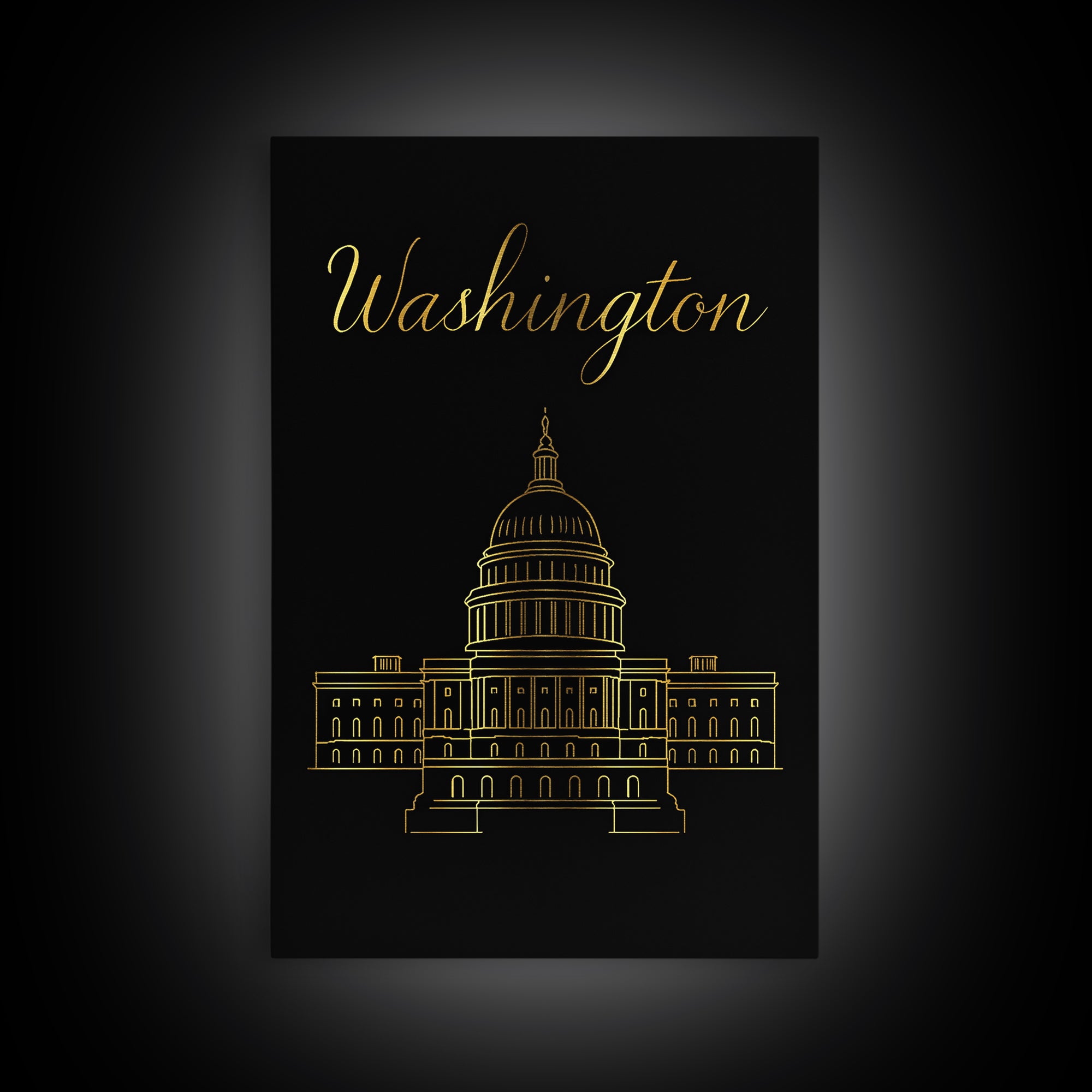 Washington DC Travel Poster, Framed Canvas Print, Black Gold Minimalist Art, Washington DC Wall Art, Gift For Travelers, Retro Travel Print