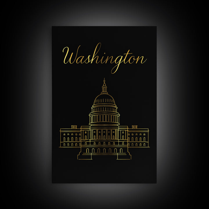 Washington DC Travel Poster, Framed Canvas Print, Black Gold Minimalist Art, Washington DC Wall Art, Gift For Travelers, Retro Travel Print