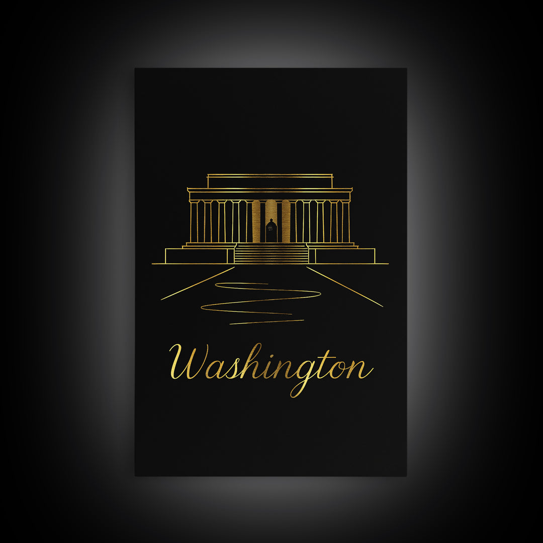 Washington DC Travel Poster, Framed Canvas Print, Minimalist Gold Line Art, Washington DC Wall Art, Fine Art Print, Travel Poster Set
