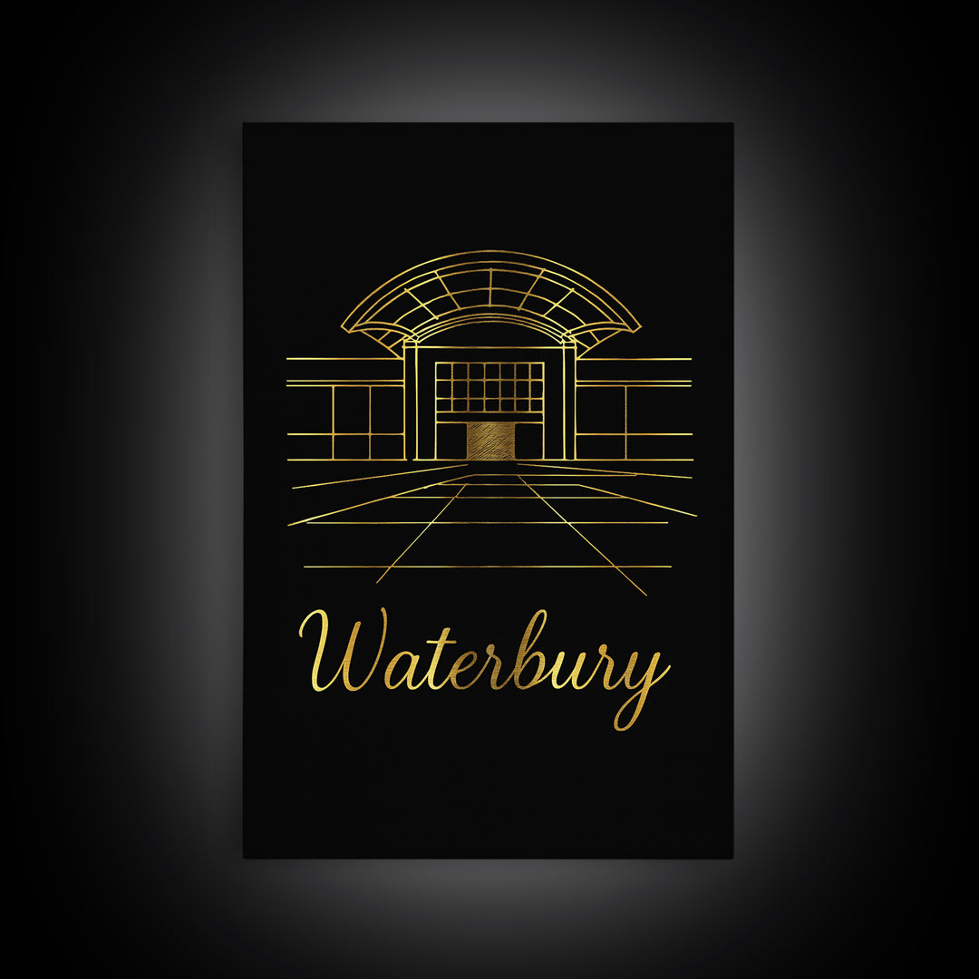 Waterbury Connecticut Travel Poster, Canvas Print, Gold Outline Poster Art, Waterbury Art Print, Wall Decor, Travel Print, Home Decor