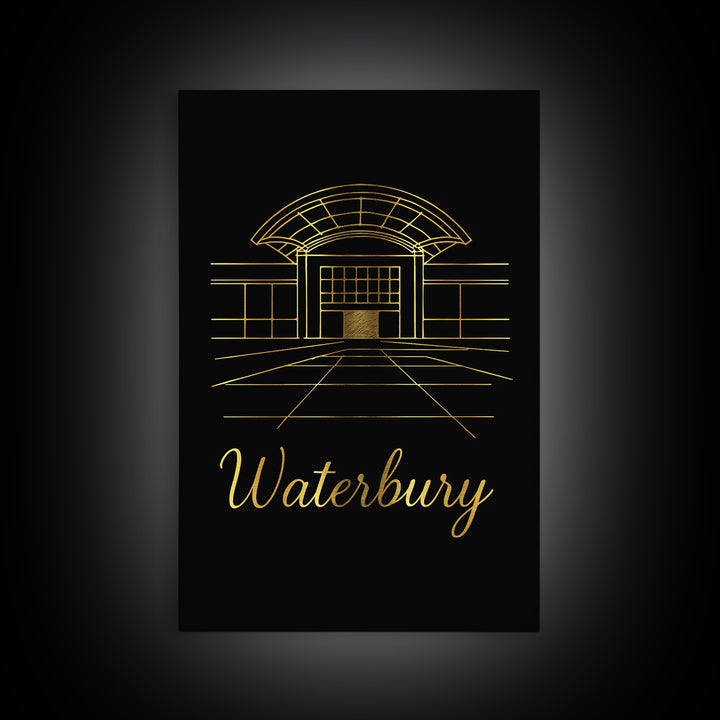 Waterbury Connecticut Travel Poster, Canvas Print, Gold Outline Poster Art, Waterbury Art Print, Wall Decor, Travel Print, Home Decor