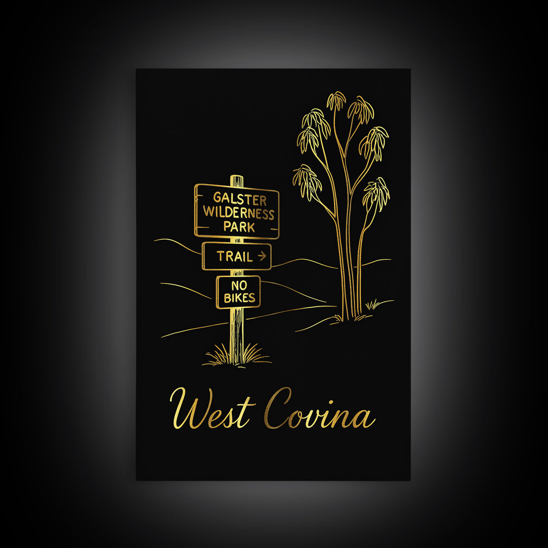 West Covina California Travel Poster, Canvas Print, Gold Outline Poster Art, West Covina Wall Art, Travel Poster Art, Eclectic Wall Decor