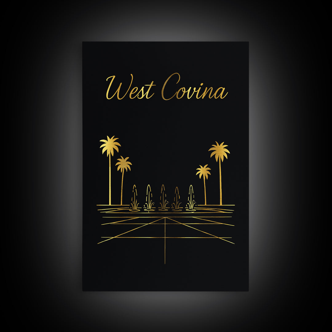 West Covina Travel Poster, Framed Canvas Print, Gold Outline Poster Art, West Covina Wall Art, Watercolor Skyline Art, City Travel Prints