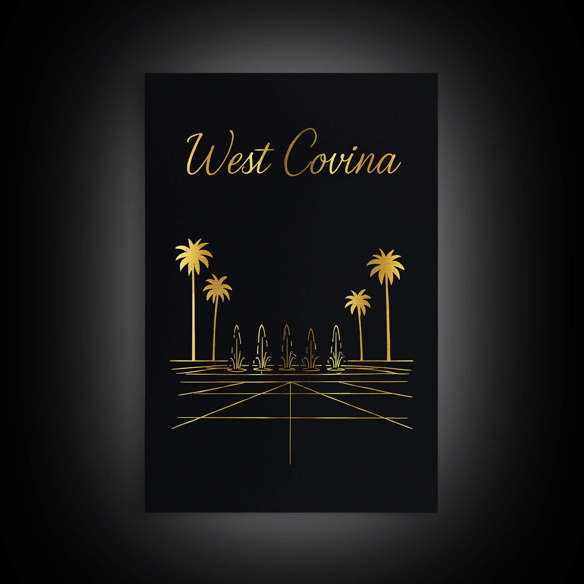 West Covina Travel Poster, Framed Canvas Print, Gold Outline Poster Art, West Covina Wall Art, Watercolor Skyline Art, City Travel Prints
