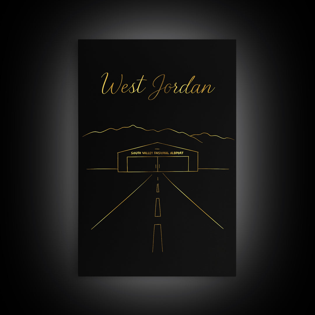 West Jordan Utah Travel Poster, Canvas Print, Black Gold Minimalist Art, West Jordan Poster Print, Mid Century Wall Art, City Art Print