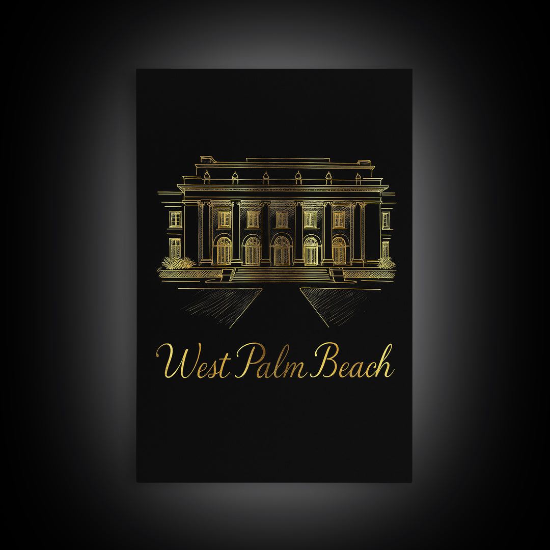 West Palm Beach Travel Poster, Canvas Print, Gold Outline Poster Art, West Palm Beach Poster Print, Gift For Travelers, Living Room Wall Art