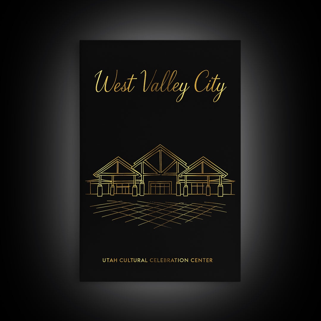 West Valley City Utah Travel Poster, Framed Canvas Print, Minimalist Gold Line Art, West Valley City Poster Print, City Illustration
