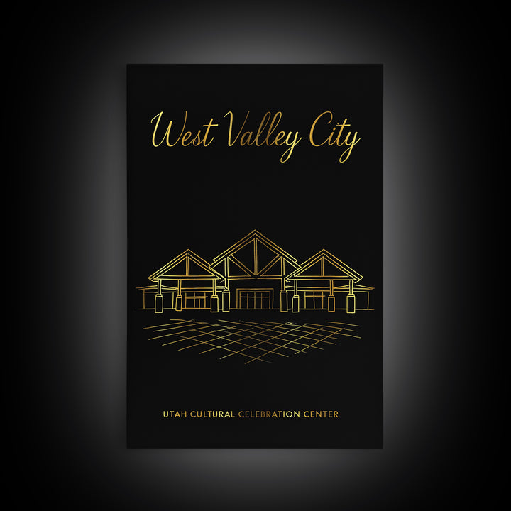 West Valley City Utah Travel Poster, Framed Canvas Print, Minimalist Gold Line Art, West Valley City Poster Print, City Illustration