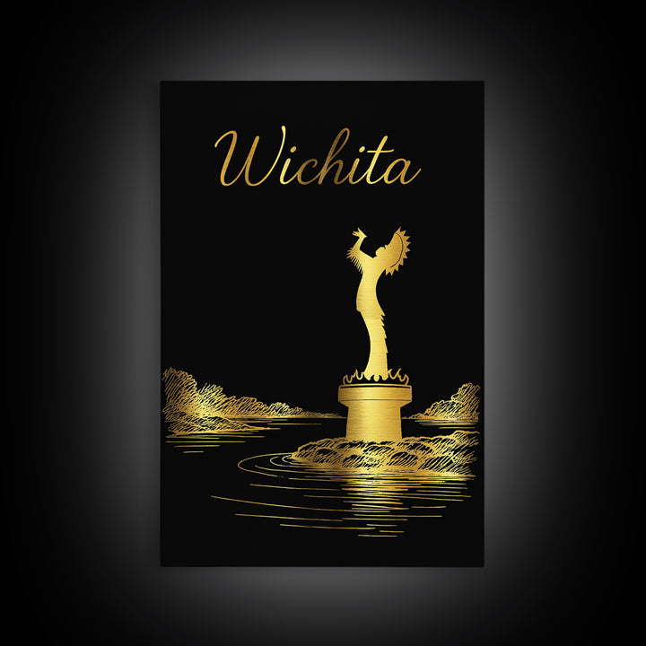 Wichita Kansas Travel Poster, Framed Canvas Print, Black Gold Minimalist Art, Wichita Poster Print, Travel Poster Set, Wanderlust Decor