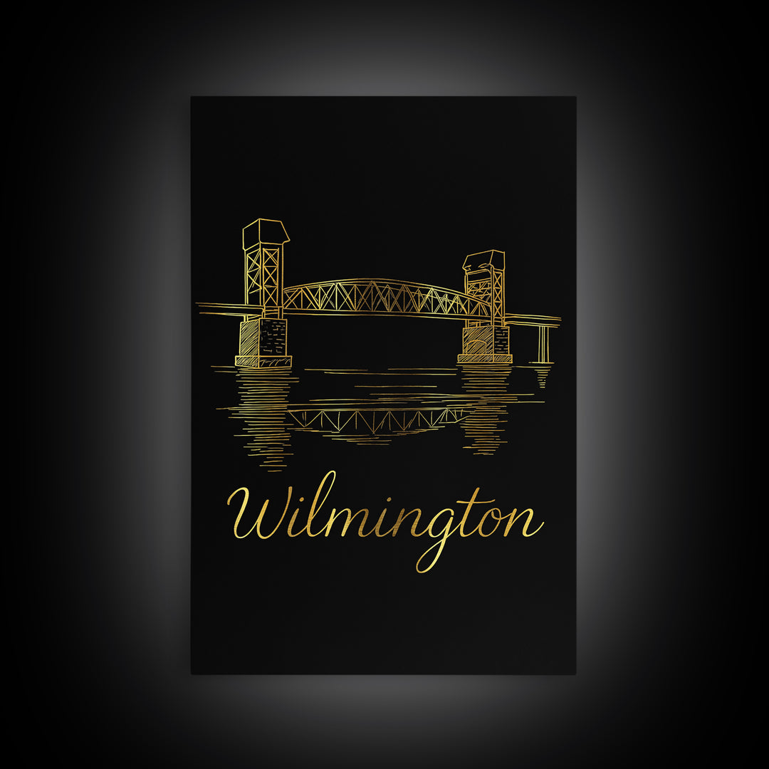 Wilimington Travel Poster, Framed Canvas Print, Black Gold Minimalist Art, Wilimington Art Print, Travel Poster Set, City Travel Prints