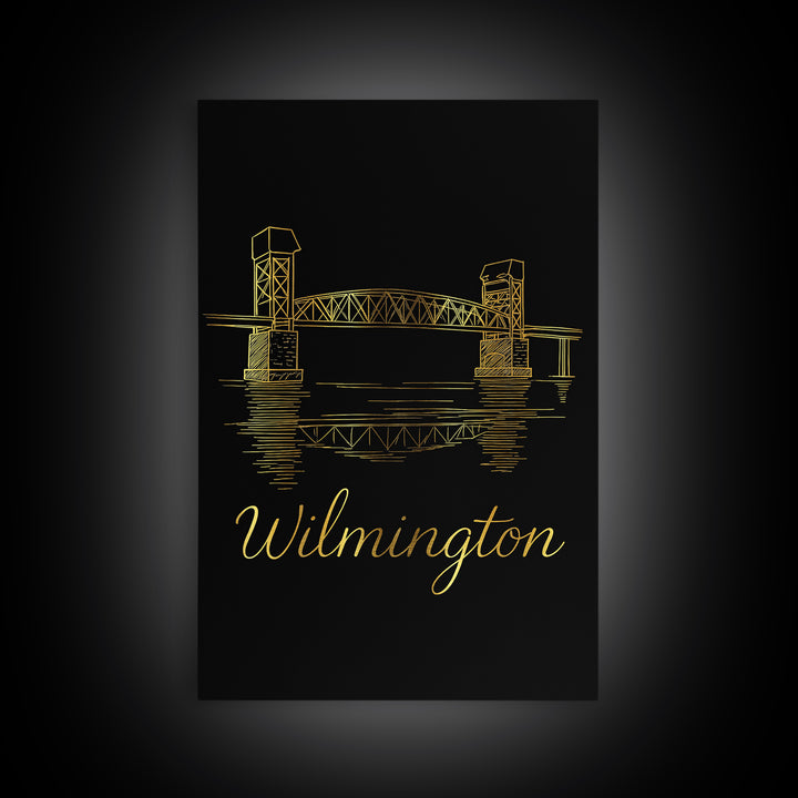 Wilimington Travel Poster, Framed Canvas Print, Black Gold Minimalist Art, Wilimington Art Print, Travel Poster Set, City Travel Prints